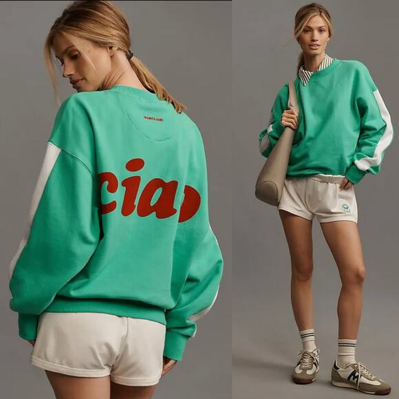 Anthropologie Teal and White Ciao Sweatshirt - Picture 1 of 7